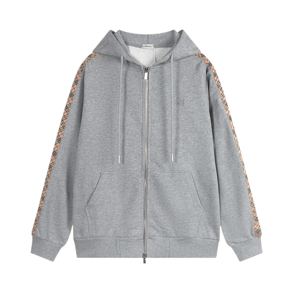 Burberry Grey Zip-Up Hoodie with Vintage Check Stripe Detail