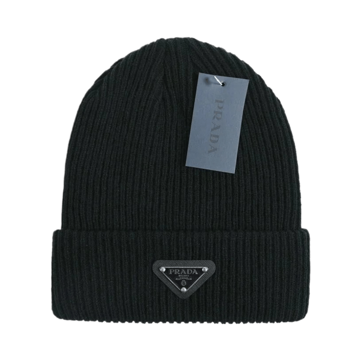 Prada Ribbed Knit Beanie Hat with Logo Patch — image 7