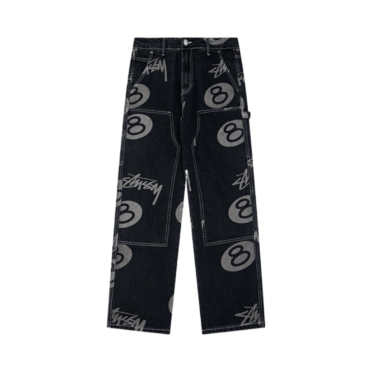 Stussy 8 Ball Logo Print Denim Jeans Men's Wide Leg Streetwear Pants — image 4