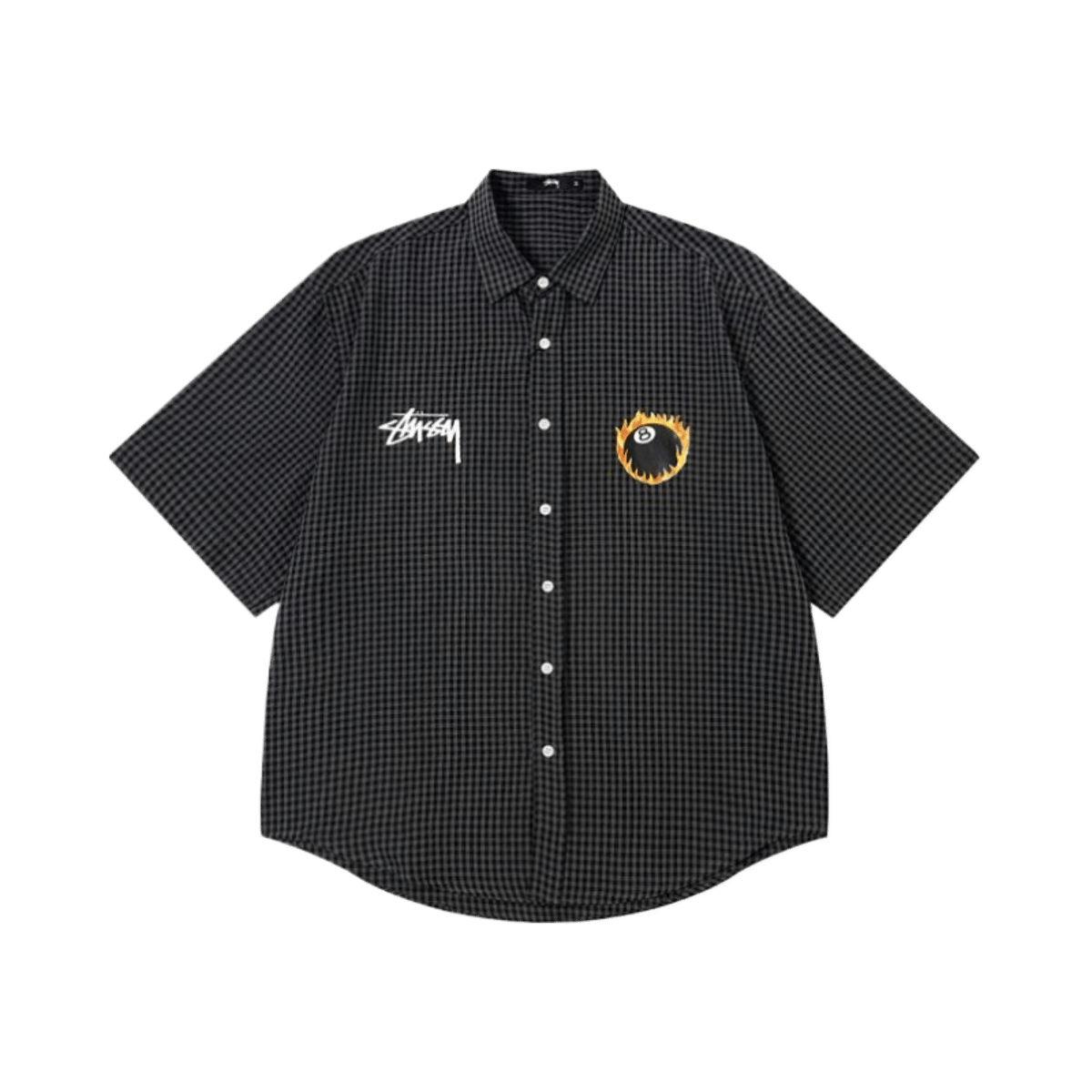 Stussy Printed Shirt Flame 8 Ball Short Sleeve Button Down Checkered Top — image 5