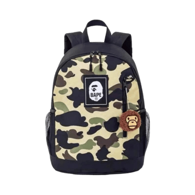 Bape Camouflage Backpack with Ape Head Charm - Trendy Kids School Bag