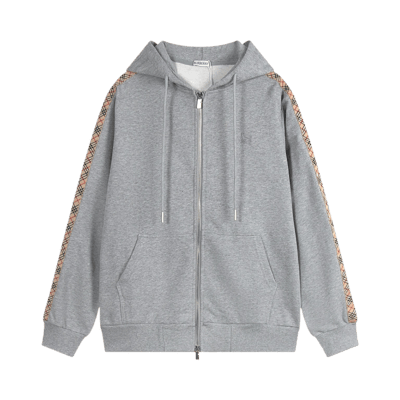 Burberry Grey Zip-Up Hoodie with Vintage Check Stripe Detail