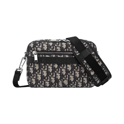 Dior Men's Vintage Canvas Jacquard Embroidery Camera Messenger Bag with Double Zipper