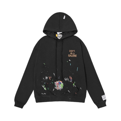 Gallery Dept. Black Pullover Hoodie with Flame Sleeve Detail and Paint Splatter Design