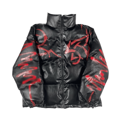 Godspeed Black Leather Puffer Jacket with Red Graffiti Print