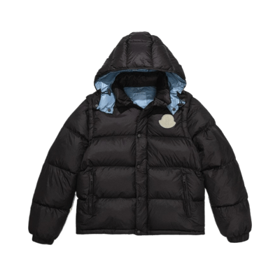 Moncler Black Puffer Jacket with Hood and Blue Lining
