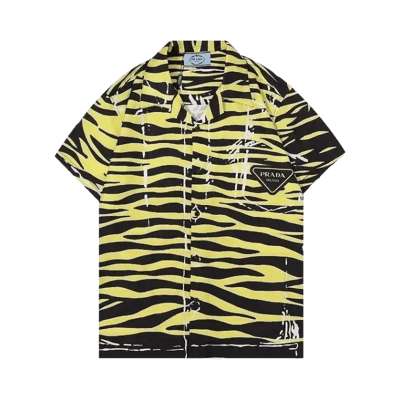 Prada Men's Short Sleeve Printed Button Down Shirt Cuban Collar Casual Top