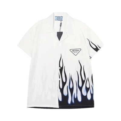 Prada Men's Short Sleeve Printed Button Down Shirt Cuban Collar Casual Top