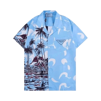Prada Men's Short Sleeve Printed Button Down Shirt Cuban Collar Casual Top