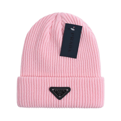 Prada Ribbed Knit Beanie Hat with Logo Patch