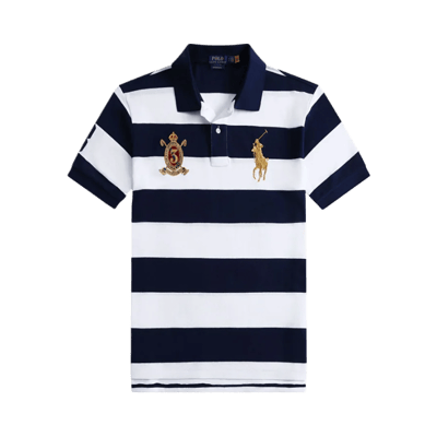 Ralph Lauren Polo Shirt Big Pony Striped Cotton Pique Short Sleeve Navy White