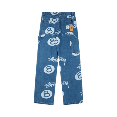 Stussy 8 Ball Logo Print Denim Jeans Men's Wide Leg Streetwear Pants