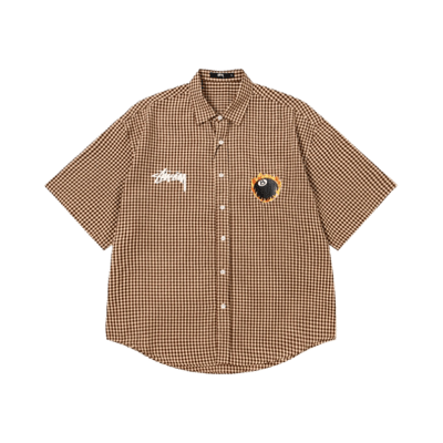 Stussy Printed Shirt Flame 8 Ball Short Sleeve Button Down Checkered Top