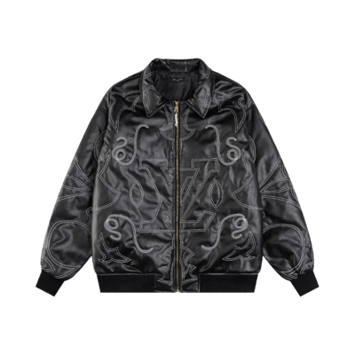 Louis Vuitton Men's Black Leather Bomber Jacket with Embroidered Monogram and Pearl Zipper Pull